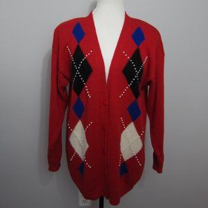 Yarnworks Vintage Button Sweater M Red Argyle Long Sleeve V-Neck Grandpa